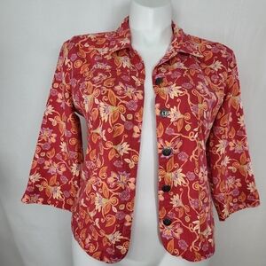 Christopher & Banks Orange Floral JACKET Womens Size M 3/4 Sleeve Button Up